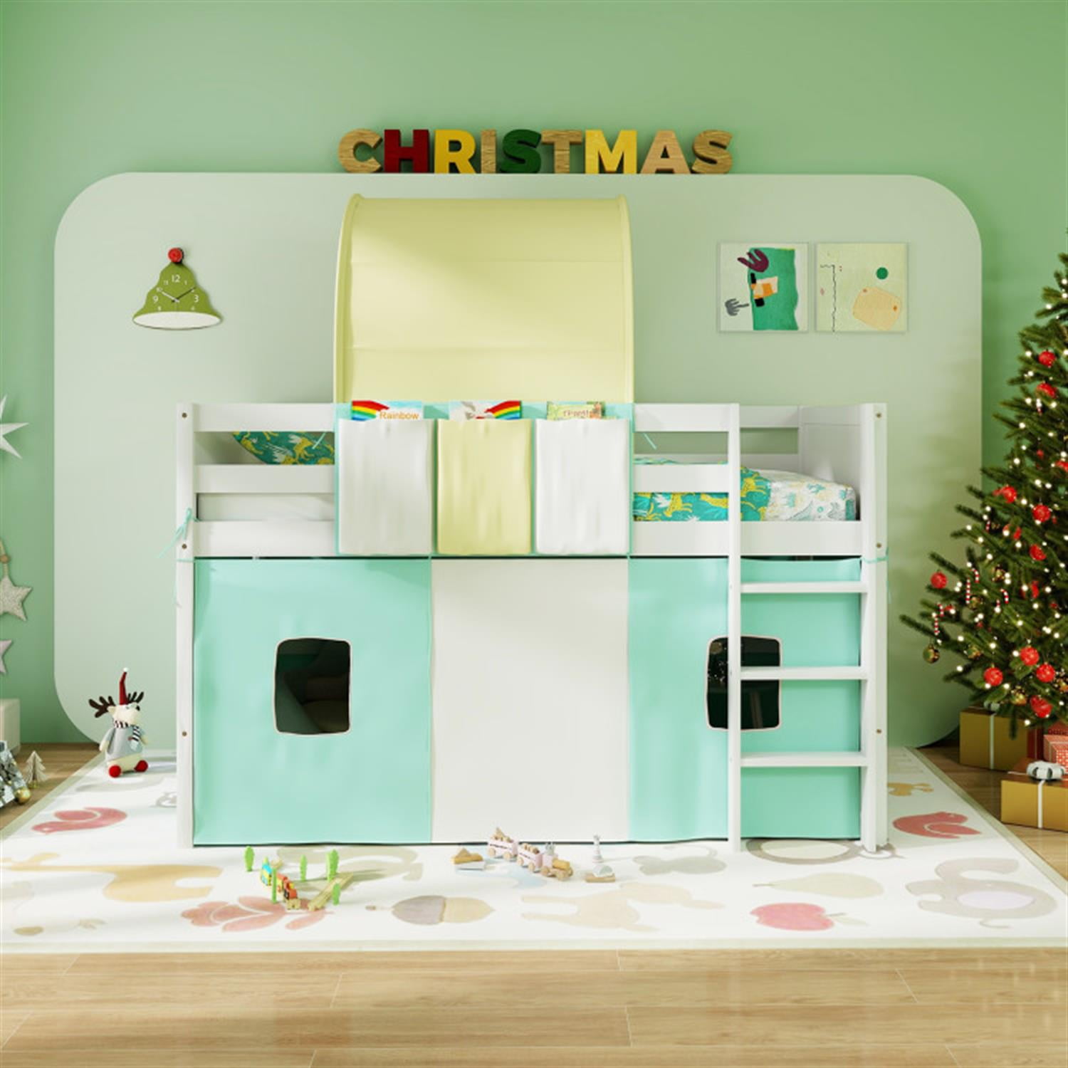 Demi Bonn Loft Bed Twin Size, Solid Wood Low Loft Bed with Tower Tent and 3 Storage Pockets, Modern Wooden Bed Frame, Green