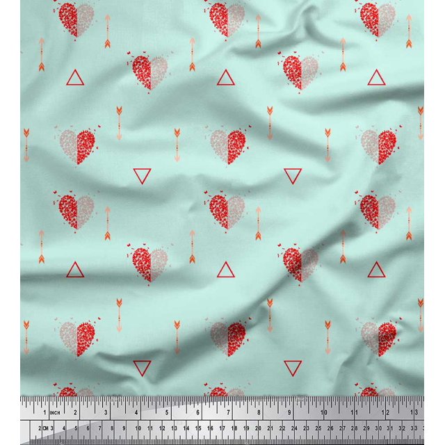 Soimoi Green Silk Fabric Triangle & Arrow Heart Print Sewing Fabric Yard 42 Inch Wide
