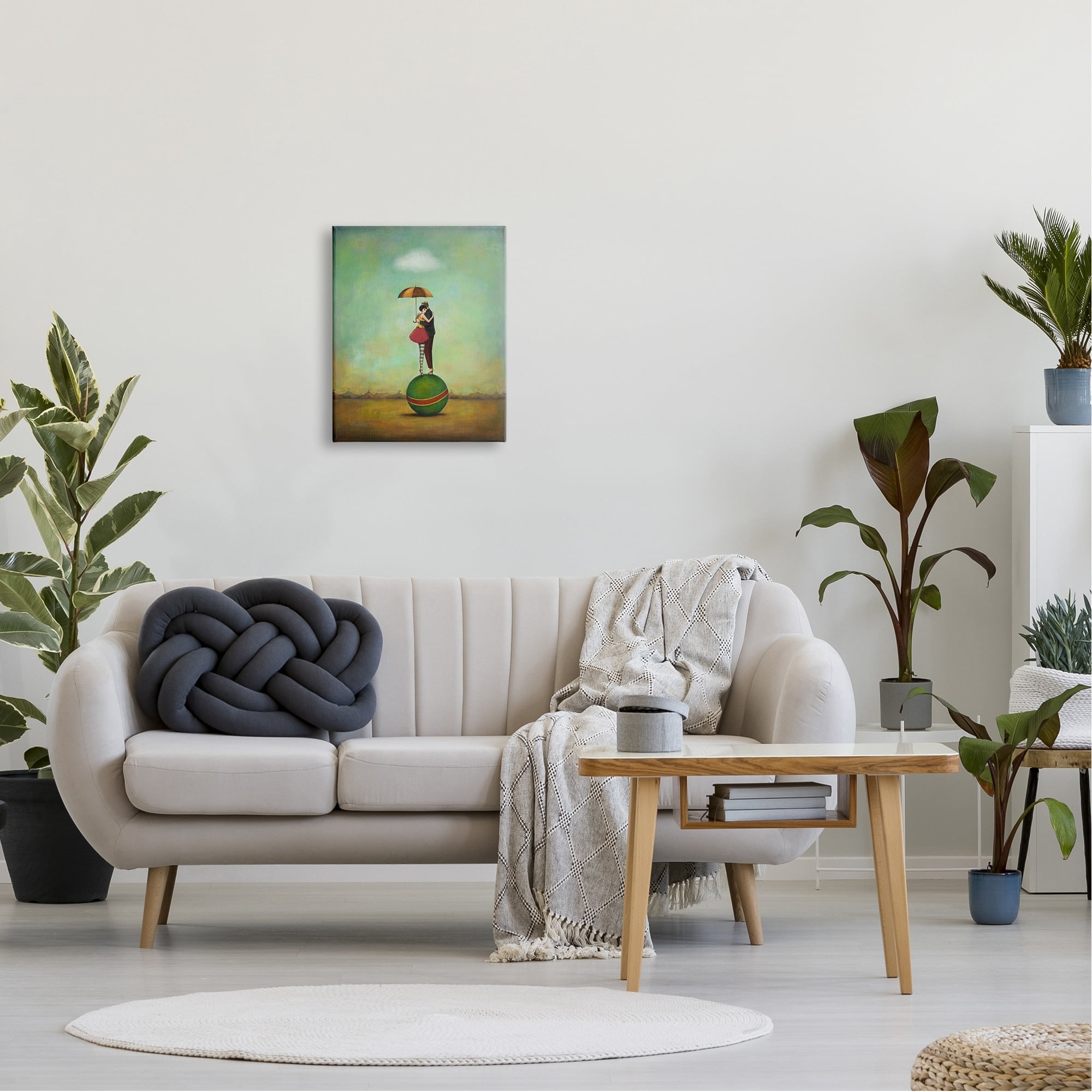 Surreal People & Umbrella Balancing Green Striped Ball Novelty Painting Gallery-Wrapped Canvas Print Wall Art