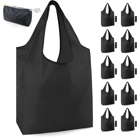 Prichor 10 Pack Black Reusable Grocery Bags with Storage Pouch – X-Large Foldable Heavy Duty Tote Bags – Holds 50 lbs – Washable – Bulk Reusable Shopping Bags
