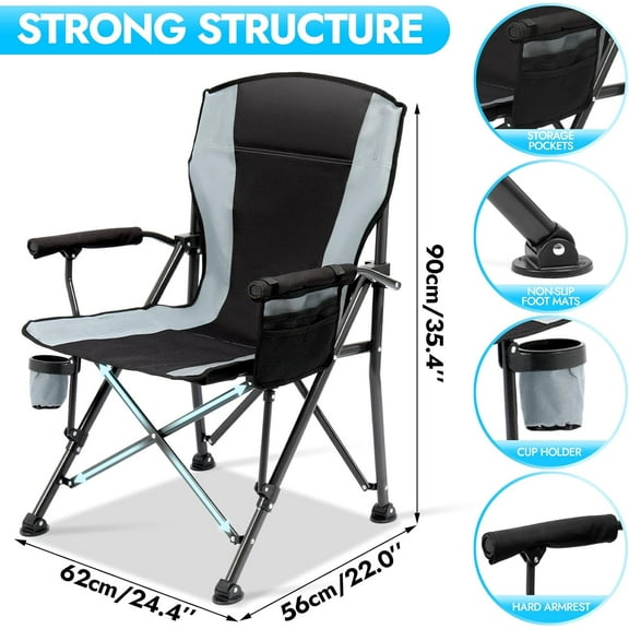 Oversized Folding Camping Chair for Adults, Supports 450  Camping Chairs, Heavy Duty Camping Chair with Side Pockets, Foldable Outdoor Chair for Camping, Beach, Fishing, Hiking, Black-Gray