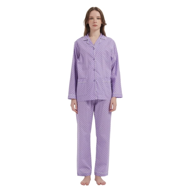 Apparonia Conj. de Pijama para Mujer, Ropa de Dormir de Alg., Camisa m/l con botones al frente y pantalón. Pijama con cuello con solapa, conj. para estar en casa. Lunares morados, talla 3XL.