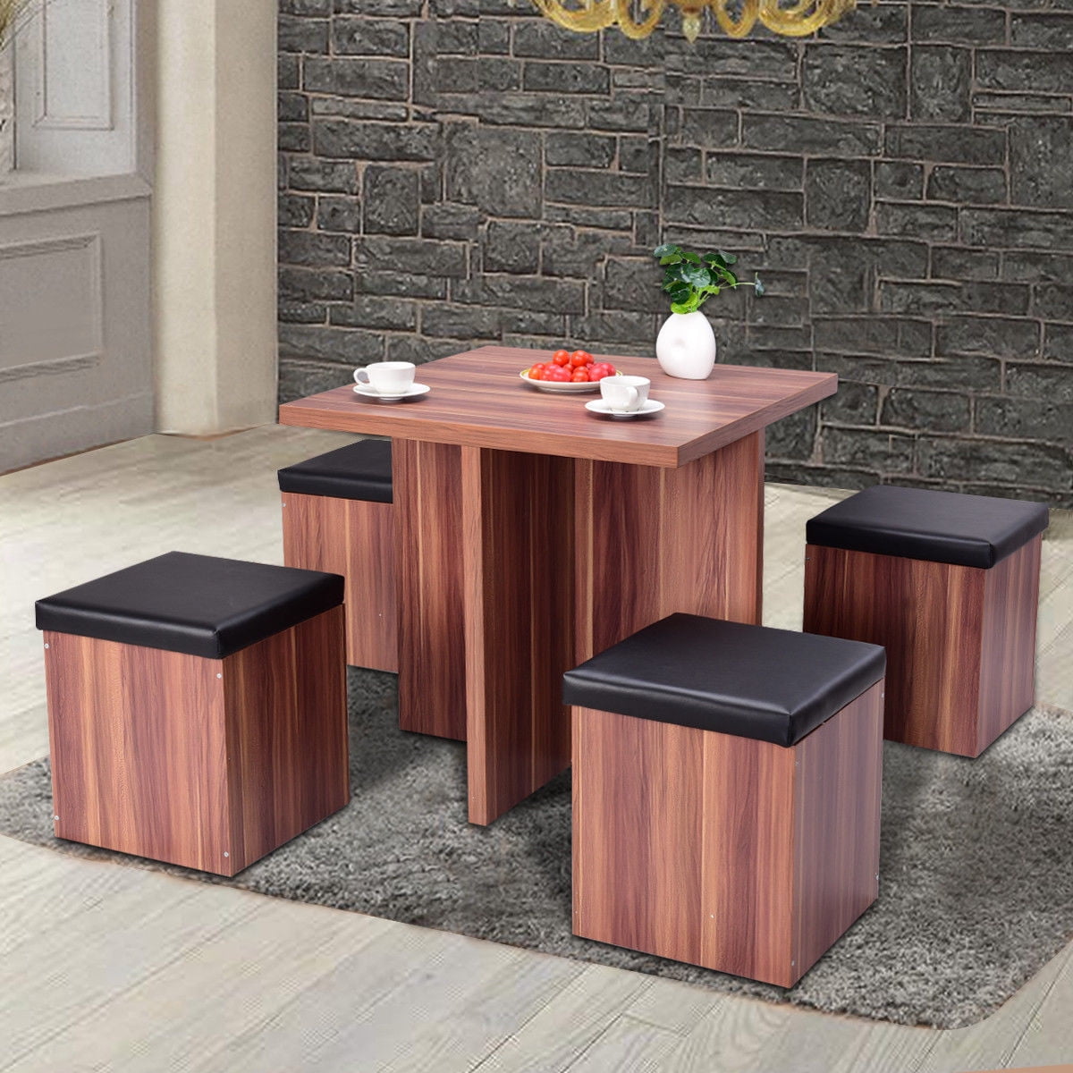 5pcs Wood Compact Dining Table Set W 4 Storage Ottoman Stools Kitchen Dinette Walmart Canada