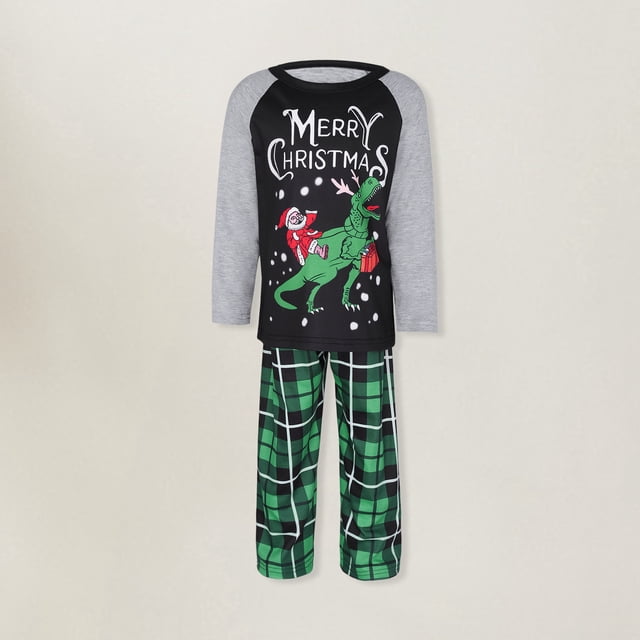 Traje de pantalones largos verdes familiares Traje de ropa de dormir informal de estilo navideño con bloques de color