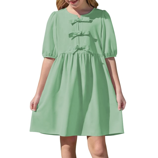 Tranfacy Robe d'Été pour Filles, Robe à Volants pour Filles, Robe à la Mode Unie Plissée pour Filles de 5 à 14 Ans avec Boutons au Dos, Manches Courtes, Col Rond, Longueur Genou