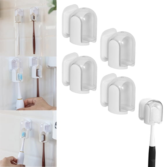 LHNFT 4Pcs Toothbrush Holder Wall Mounted with Cover, Small Holder Toothbrush Wall Stand, Toothbrush Holders with Cover, Self Adhesive Toothbrush Hanger for Bathroom, Shower, Cabinet