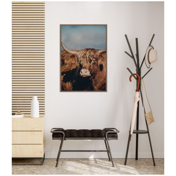 Kate and Laurel Framed Canvas Wall Art Print Highland Cow X by Laura Evans, 23 x 33 Sylvie Walnut Frame, Rustic Farmhouse, Animal Art for Wall Decor
