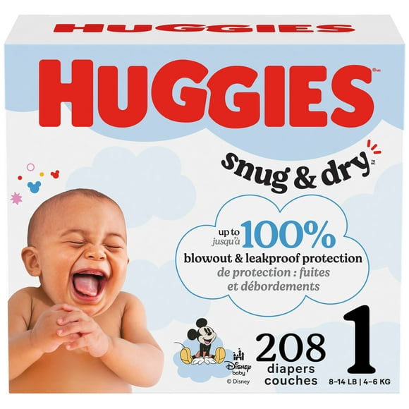 Couches pour bébés Huggies Snug&nbsp;&&nbsp;Dry, taille&nbsp;1 (4&nbsp;à 6&nbsp;kg [8&nbsp;à 14&nbsp;livres]), 208&nbsp;couches