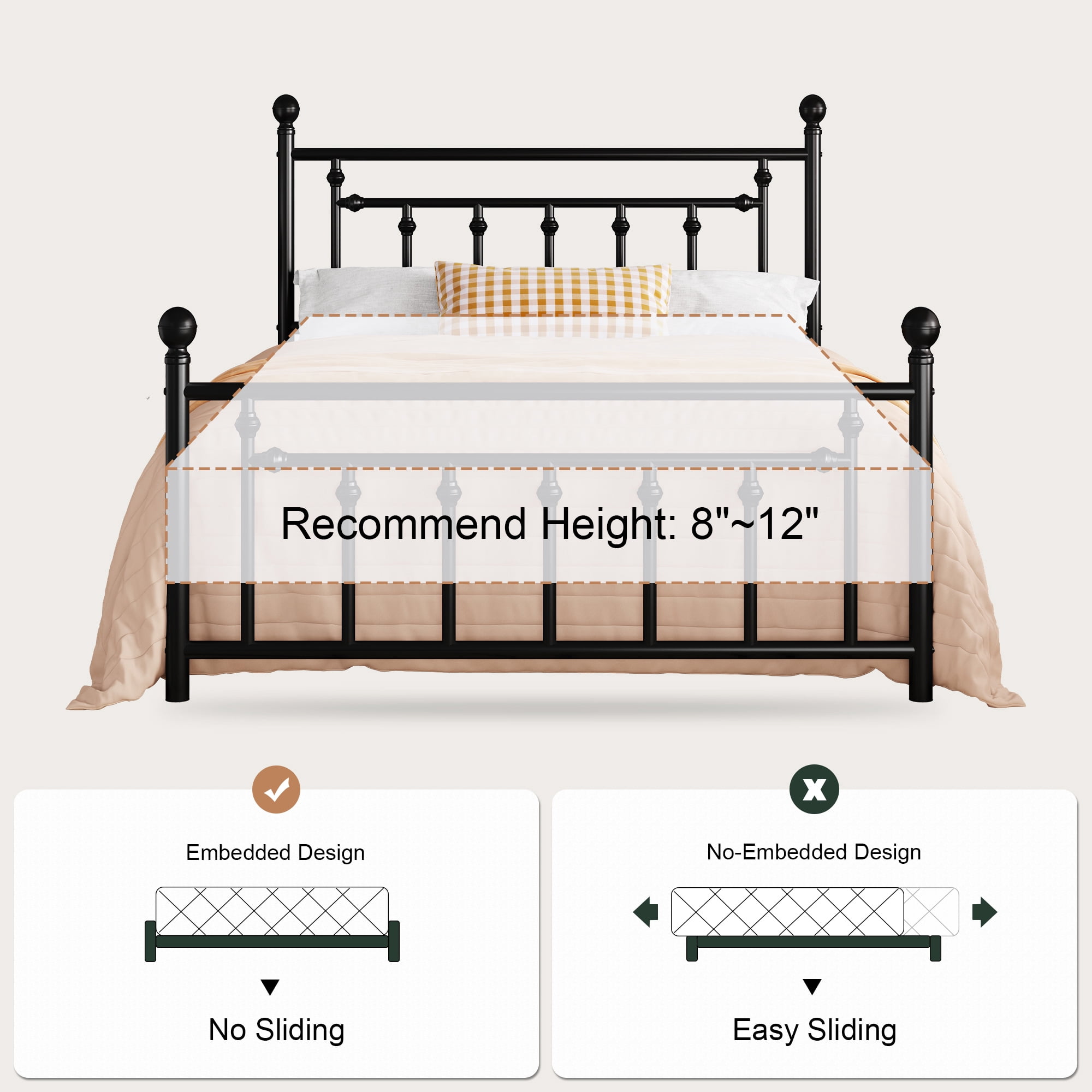 Amolife Queen Bed Frame, Metal Platform Bed with Vintage Headboard & No Box Spring Needed, Black