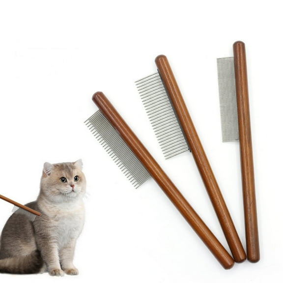 Wooden Detangling Pet Comb - 3-Size Stainless Steel Grooming Brush w/Rounded Tips for Cats/Dogs