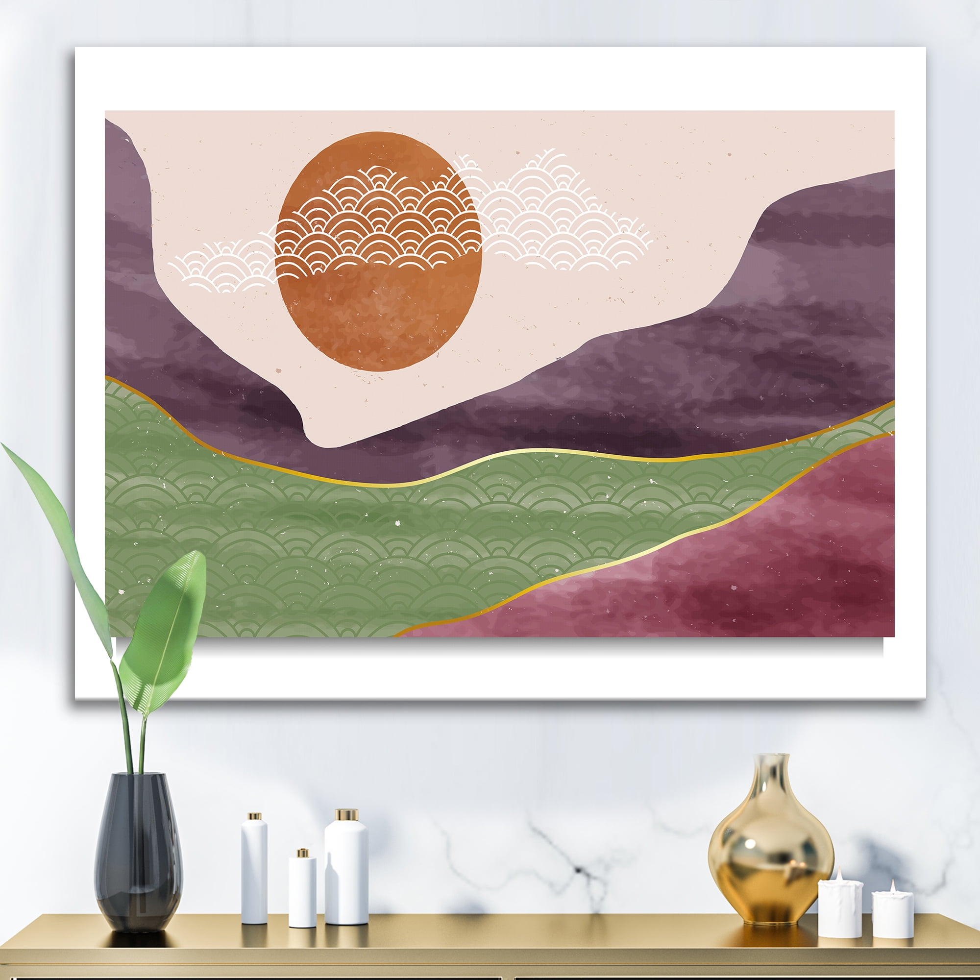 Designart ' Abstract Landscapes With Mountain River and Moon ' Modern Canvas Wall Art Print