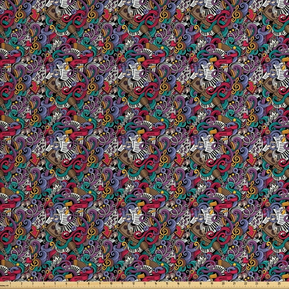 Ambesonne Hipster Fabric by the Yard Upholstery, Music Theme Instruments, 3 Yards, Multicolor