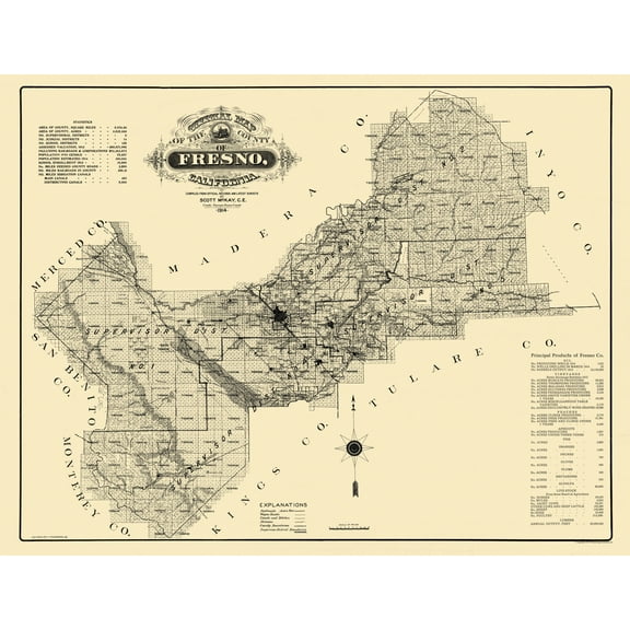 Historic County Map - Fresno County California - McKay 1914 - Vintage Wall Art