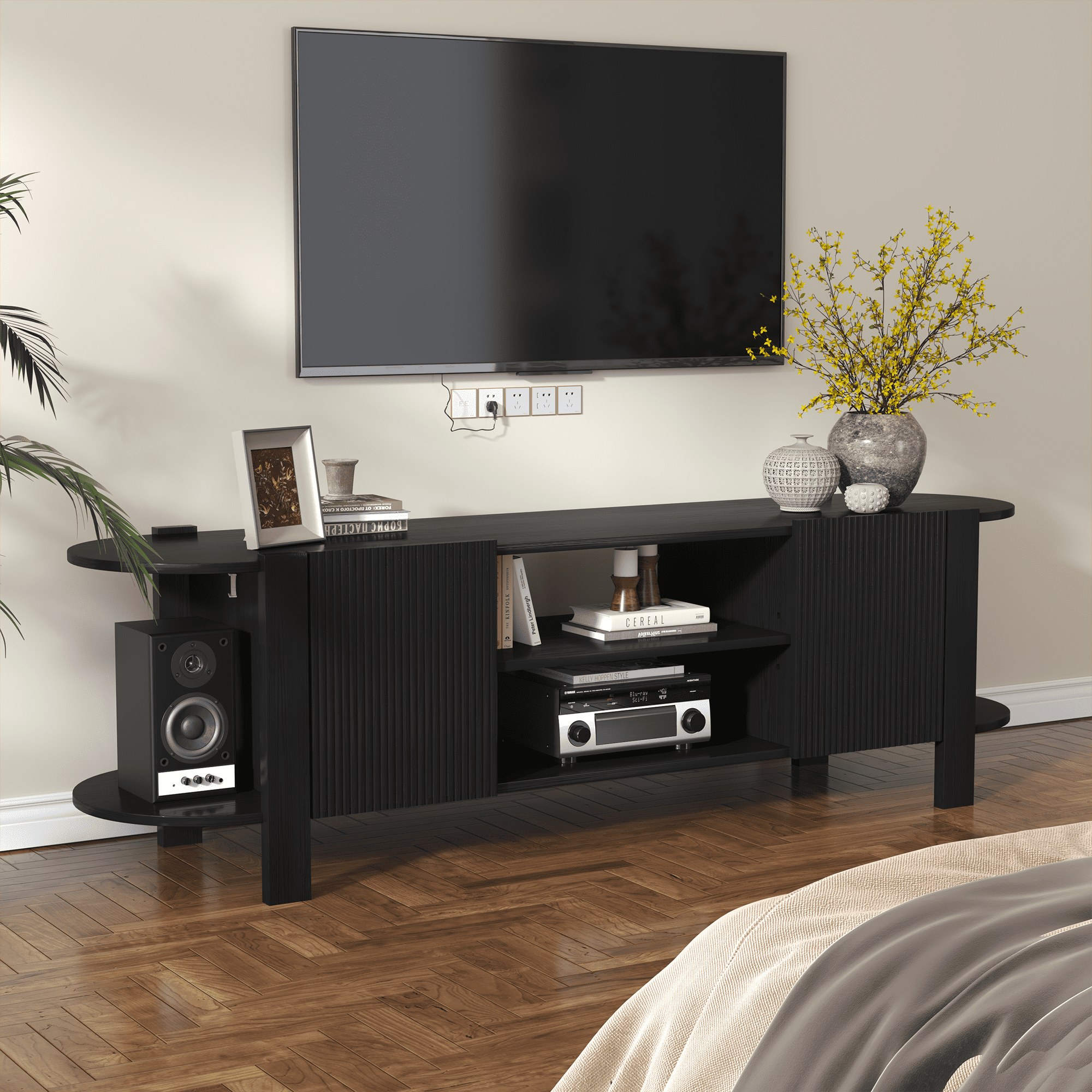ZOSQUARE 65 inch TV Stand for TVs up to 75", Black Entertainment Center with Fluted Doors and Open Shelves, Wood TV Console with Rounded Edges for Living Room