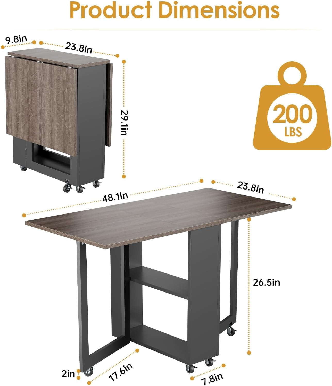 Kuublock Folding Dining Table with 2 Storage Racks, Space Saving Dining Table with 6 Wheels, Kitchen Table for Small Spaces