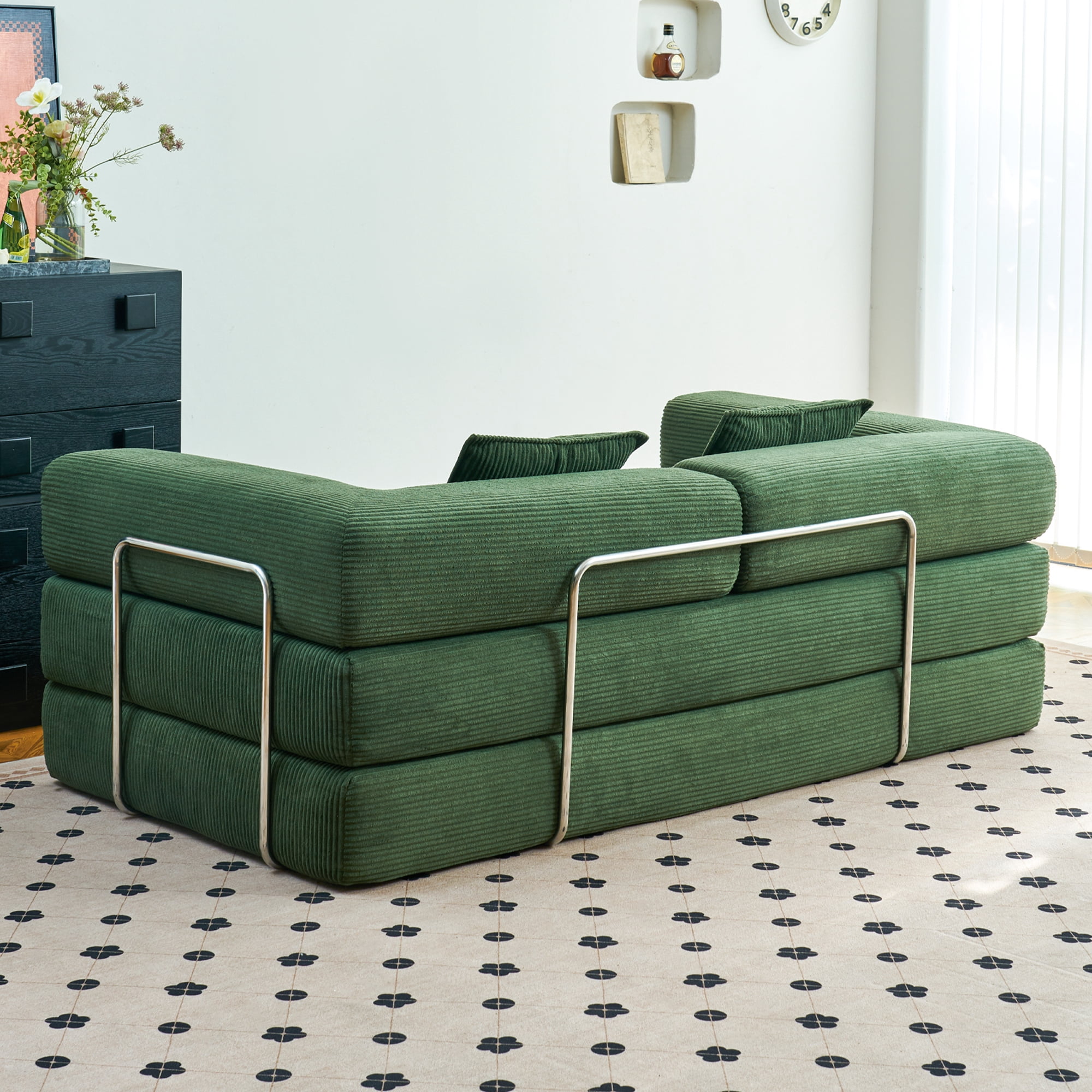 YINIX 81.6" King Size Convertible Sleeper Sofa Bed with 2 Pillows, Corduroy Folding Mattress Couch with Pull Out Bed, Removable Floor Sofa Lounge Couch for Living Room Small Spaces, Green