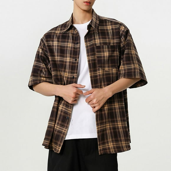 Styesk T Shirts for Man Men's Casual Check Button Pocket Lapel Fashion Long Sleeve Shirt