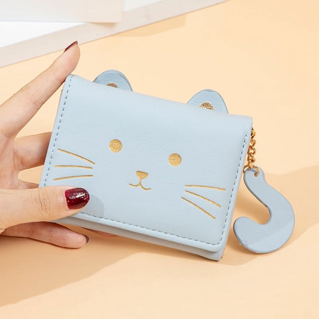 Cartera pequeña plegable para mujer, bonita cartera con diseño de gato fresco, monedero con dibujos animados para varias tarjetas, cartera para estudiantes