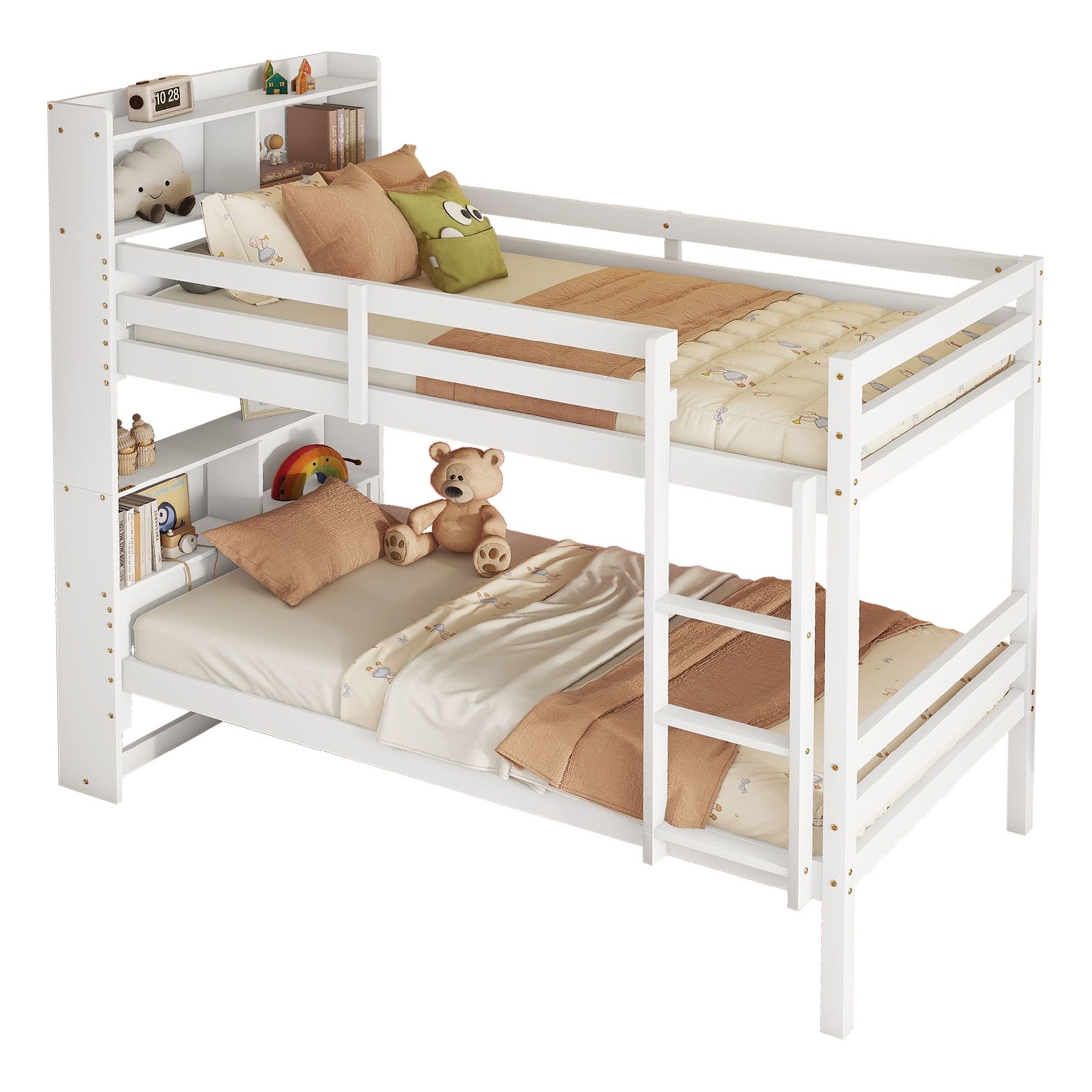 Noble House Twin Over Twin Bunk Bed, Rubber Wood Frame with Shelves Headboard & Detachable Design, White