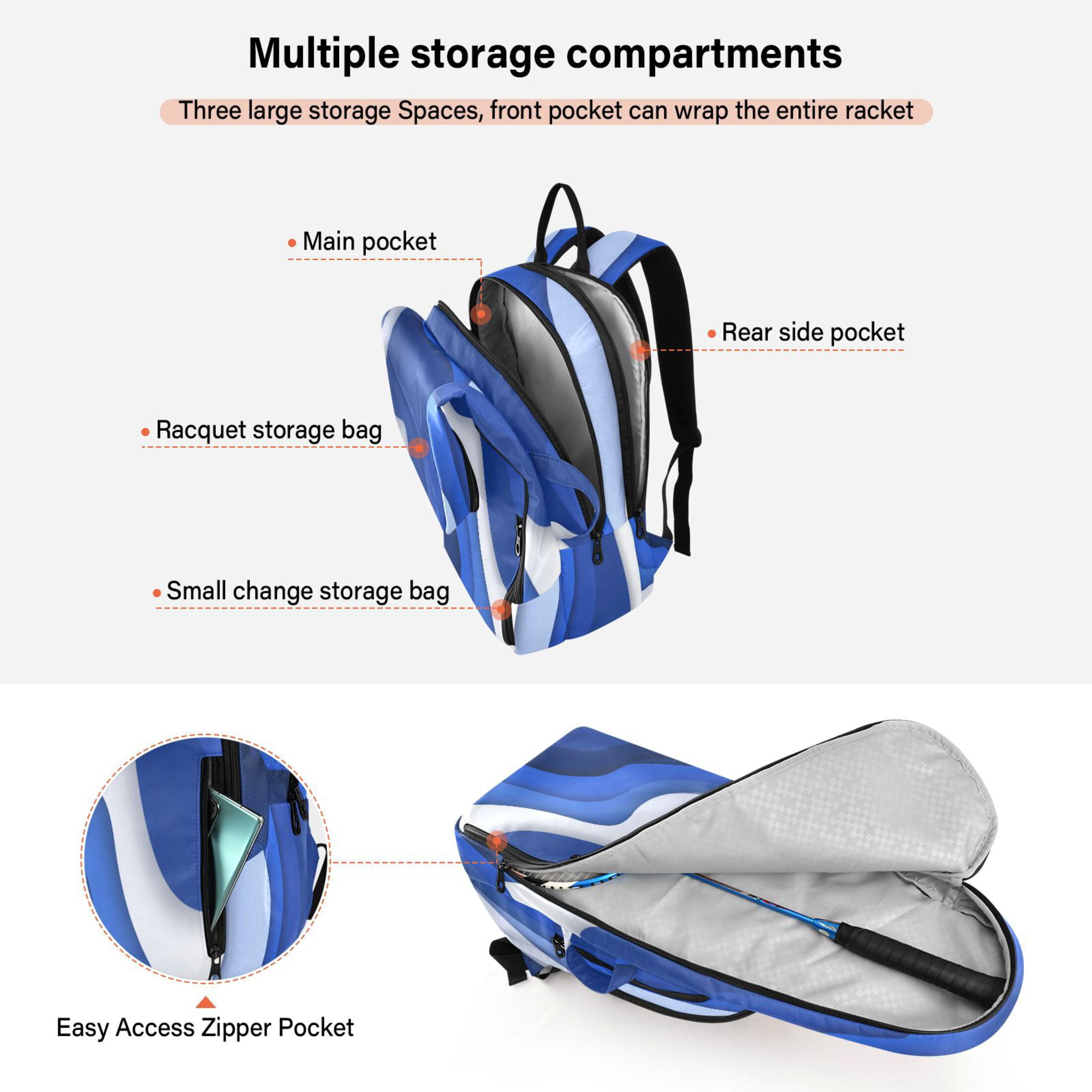 2 Racquet Holder Tennis Backpack Tennis Racket Covers Gym Bags Navy Blue Color Palette