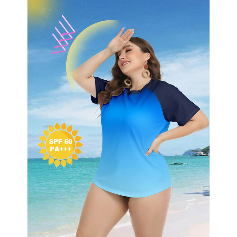 TIYOMI Women's Plus Size Swimsuit Tops 3X Gradient Blue Raglan Rash Guard  Shirts Short Sleeve Surfing Swim Shirts 3XL 22W 24W 