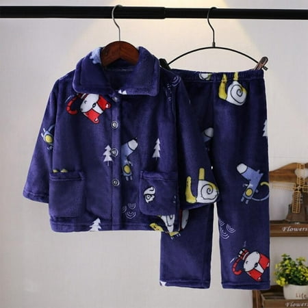 

Promotion!Kids Boys Flannel Pajama Sets Autumn Winter Keep Warm Dinosaur Print Long Sleeve Lapel Tops with Pants Sleeping Clothing Sets