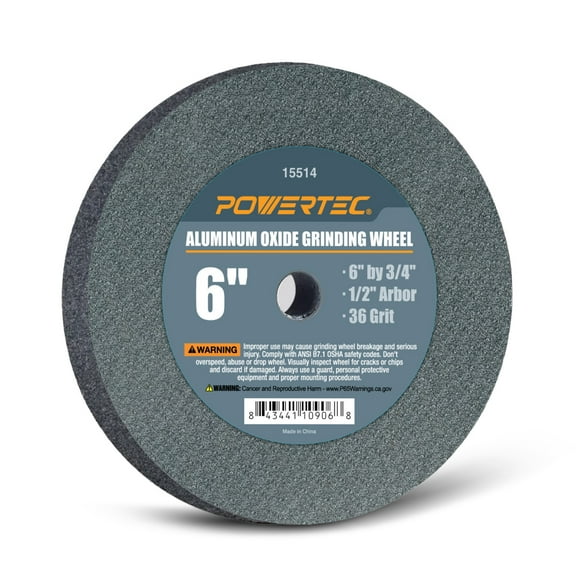 POWERTEC 36 Grit, Bench Grinding Wheel, 6" x 3/4", 1/2" Arbor, Aluminum Oxide (15514)