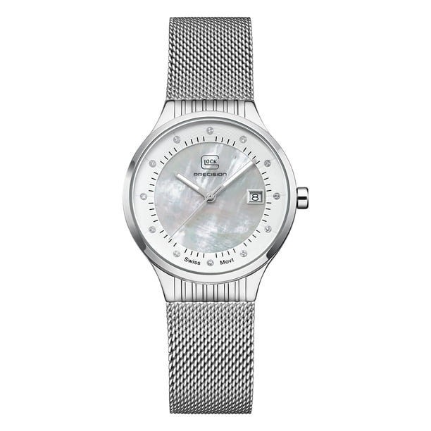 Reloj Glock Precision para hombre con carcasa de acero plateado y malla plateada