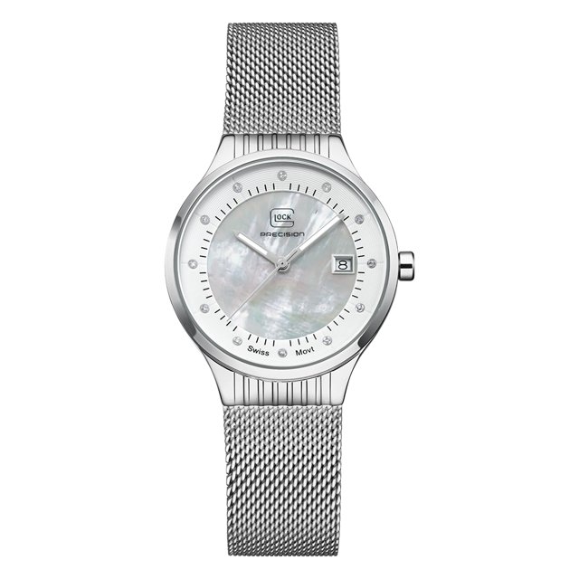 Reloj Glock Precision para hombre con carcasa de acero plateado y malla plateada