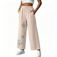 thumbnail image 4 of Tbopshirt Pants for Women Elastic Waist Floral Embroidery Wide Leg Capri Pants Side Pockets Textured Casual Trousers,Beige,M-4XL, 4 of 7