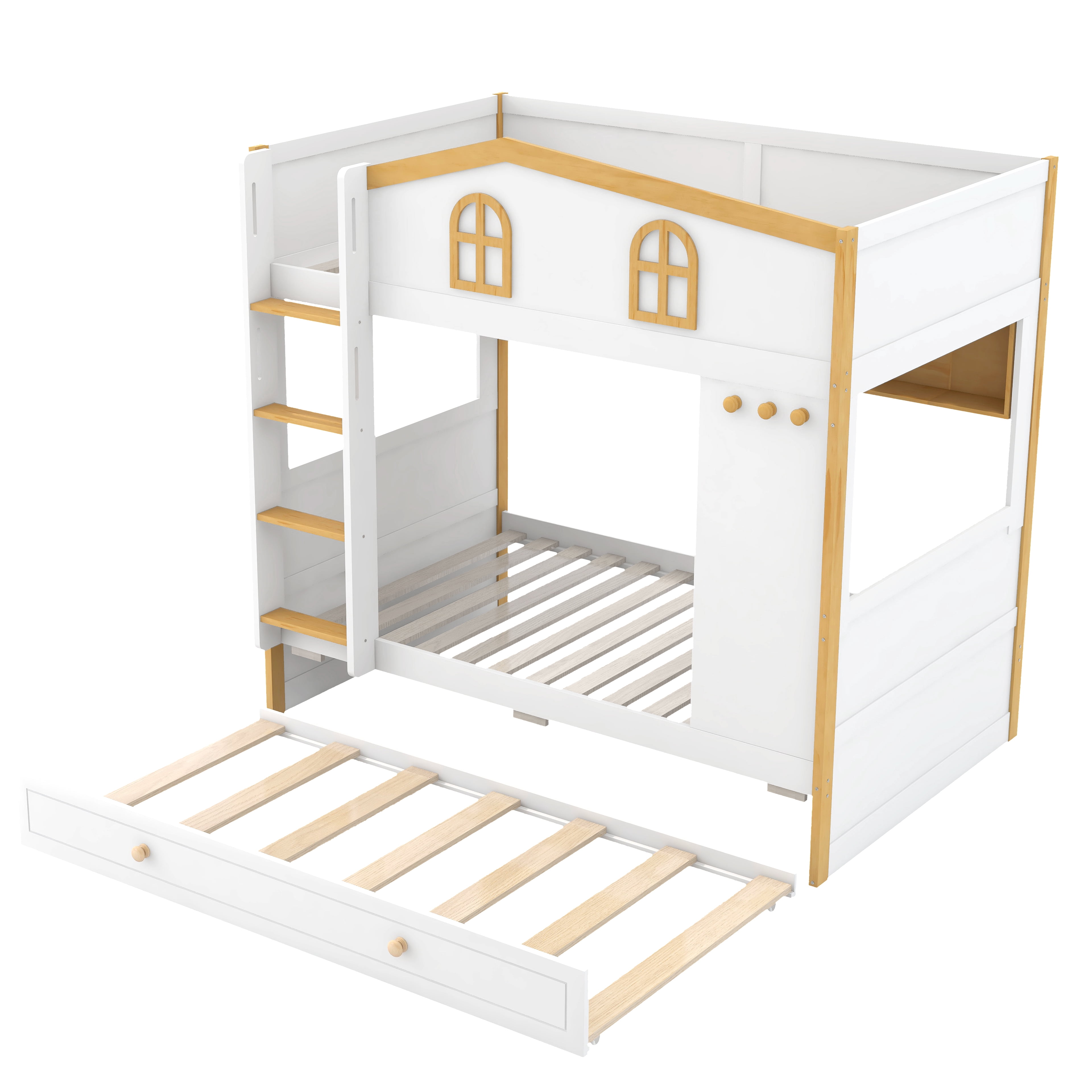 Euroco Wood Twin over Twin Bunk Bed with Shelves and Trundle, House Bed with Guardrails, White