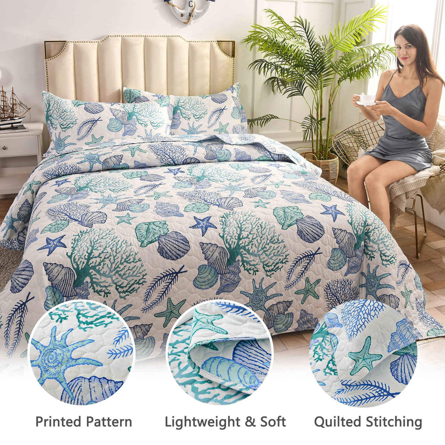 Beartech Ocean Quilt Twin Size Coastal Blue Bedspread Microfiber Cabin Bedding Set