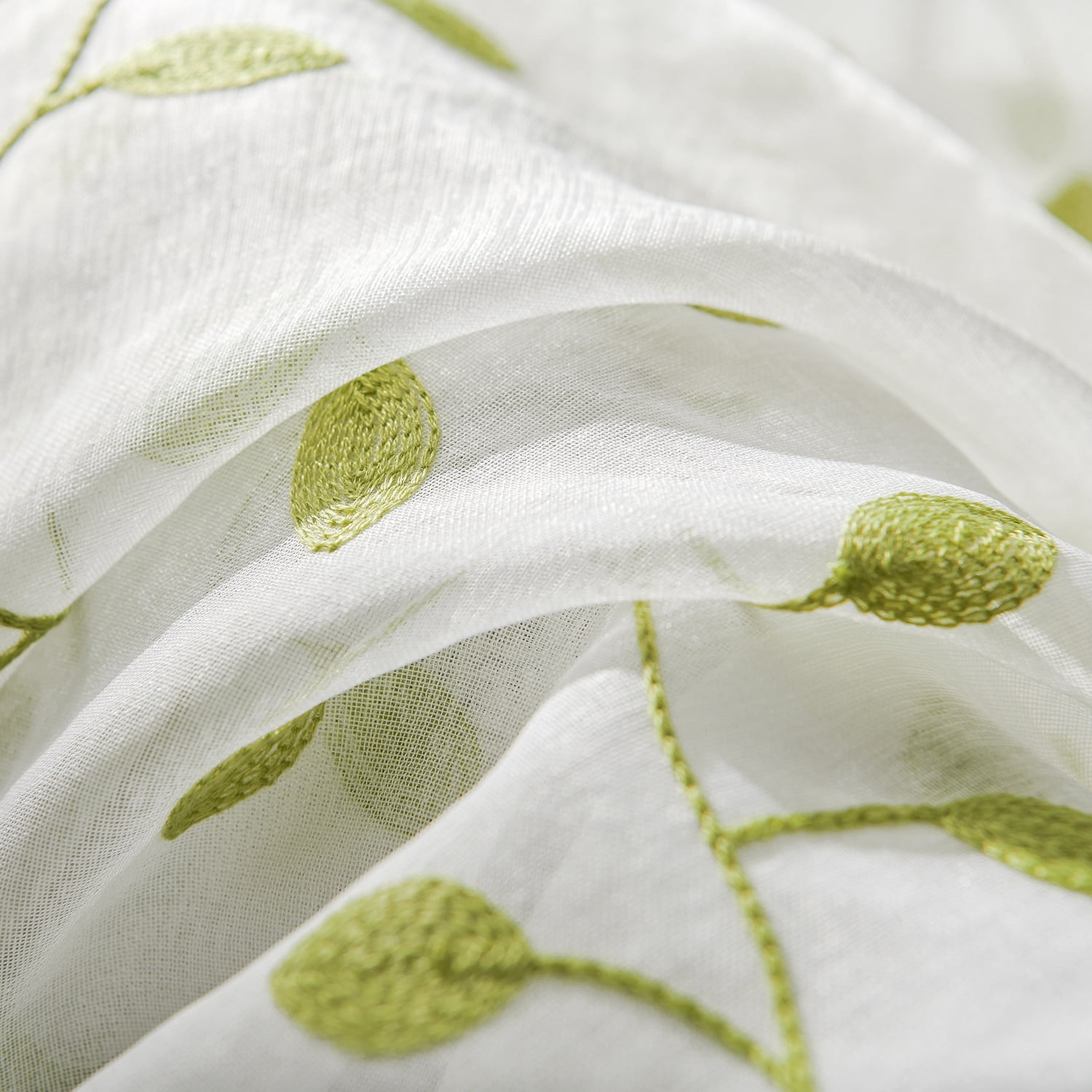 Sunyuer Green Leaves Short Sheer Curtains Green Leaf Embroidery Bedroom Curtain Rod Pocket Voile Faux Linen Embroidered Leaves Curtains for Living Room, 52W X 84L inch, Set of 2 Panels, Green