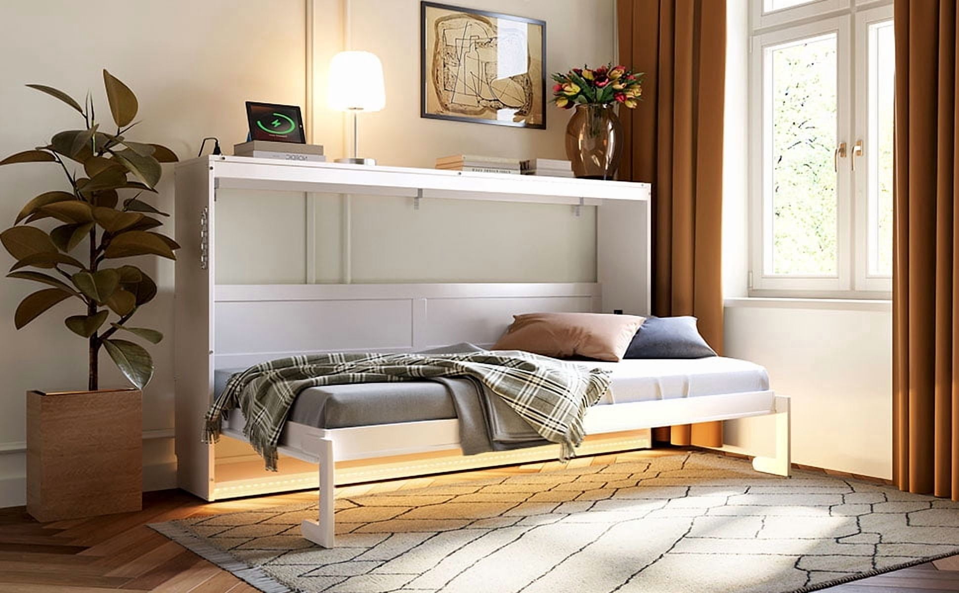 Mintazer Twin Size Murphy Bed with LED Lights & USB Port, Modern Folding Cabinets Bed with Gold Geometric Pattern for Home Office, White