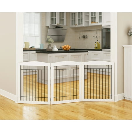 PAWLAND Wooden Freestanding Wire Pet Gate for Dogs, 4 Panel | 3 Panel Step Over Fence, Dog Gate for The House, Doorway, Stairs, Extra Wide Tall Pet Safety Fence (White, 30
