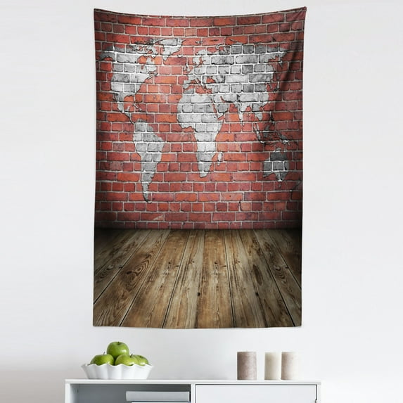 Vintage Tapestry, Vintage Grunge Map Room Style Brick Rustic Geographic Interior Travel, Fabric Wall Hanging Decor for Bedroom Living Room Dorm, 5 Sizes, Cinnamon Pale Grey, by Ambesonne