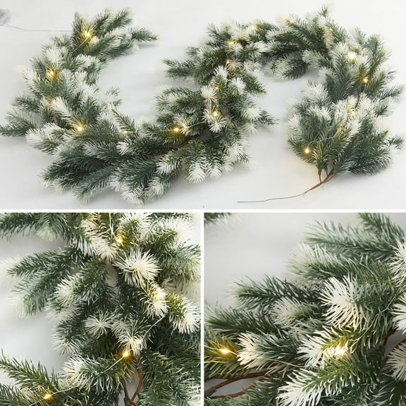 Christmas Garland with Lights 79in White Green Artificial Pine Needles Garland LED Battery Operated For Wedding Party Spring Indoor Outdoor Fireplace Door Stair Railing Mantel Decorations