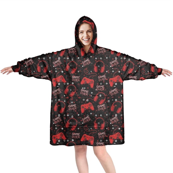 Wearable Oversized Blanket,Red Controllers Games Icons Black Pattern Wearable Blanket Hoodie for Adults,Cozy Hooded Blankets with Super Pockets,Super Warm Fuzzy Pullover for Women & Men
