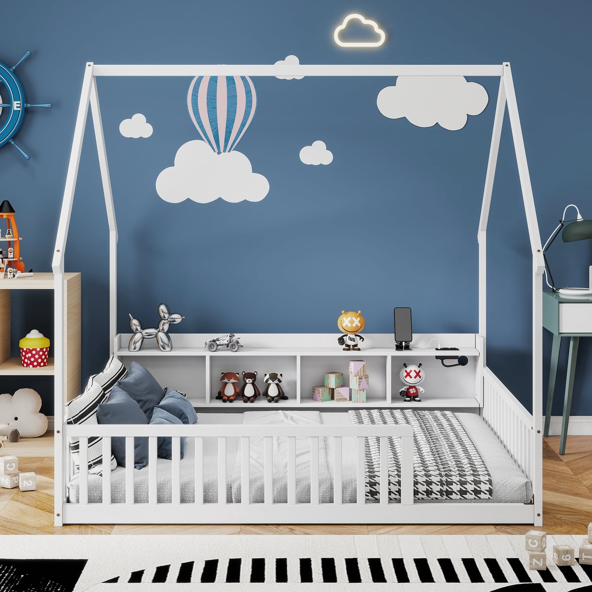 Leumius Full Size House Floor Bed with Storage Shelves,Built-in LED Lights & Charging Station,Pine Wood Floor Bed Frame with Safety Guardrails for Kids Bedroom White