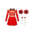 thumbnail image 3 of Aislor Kids Girls Cheer Leader Costume Cold Shoulder Long Sleeve Cheerleading Uniform Dress with Pom Pom Stocks B Red 8, 3 of 7