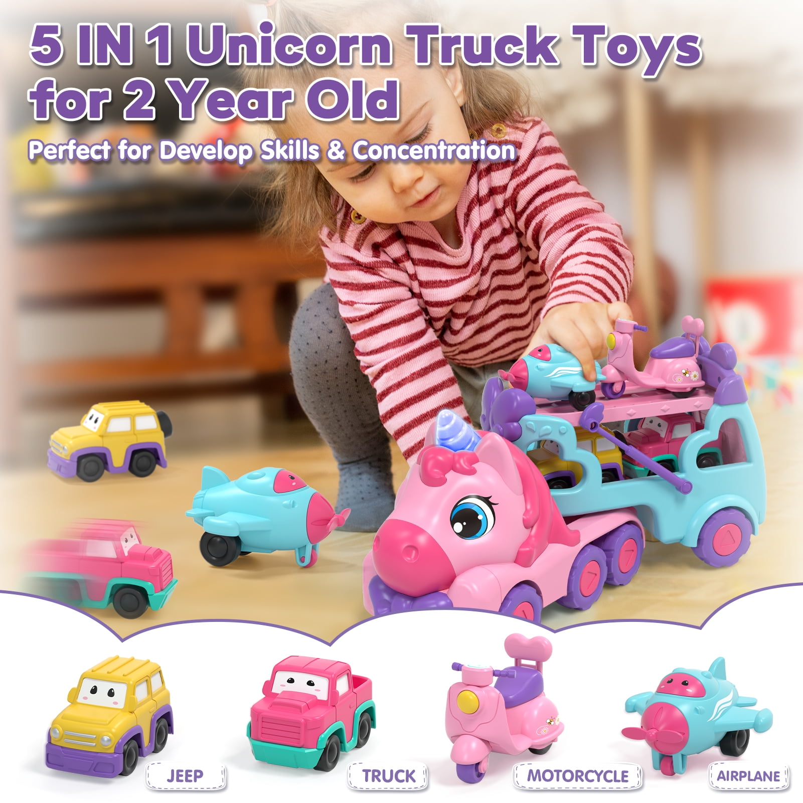 Toddler Girl Toys, 5-in-1 Unicorn Transport Truck for 2 3 4 Year Old Girls, Kids Toy for 2+ Year Old Girls with Light & Music, Toddler Toy Truck Car for 2-4 Girls Birthday Gift