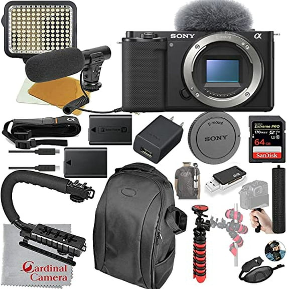 Sony ZV-E10 Mirrorless Camera (Black) Video Bundle - Body Only ILCZV-E10/B   LED Video Light   Microphone   Extreme Speed 64GB Memory (21pc Bundle)