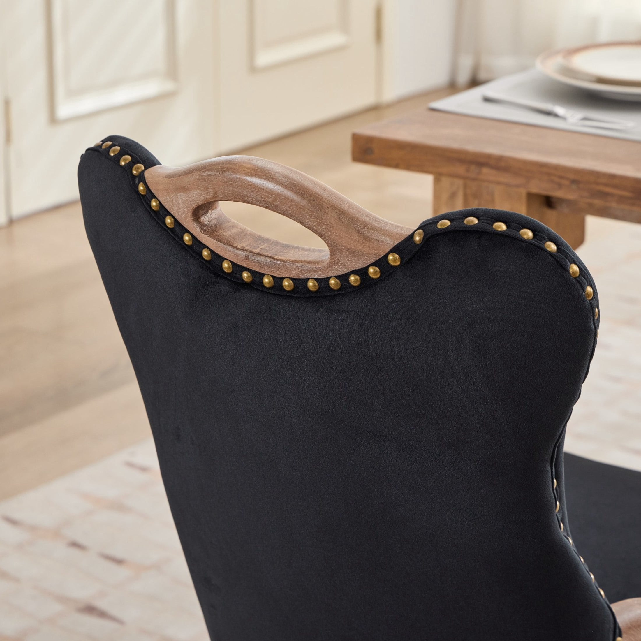 GDF Studio Set of 2 Dining Chairs with Tufted Velvet Upholstery, Copper Nailhead Trim, Black