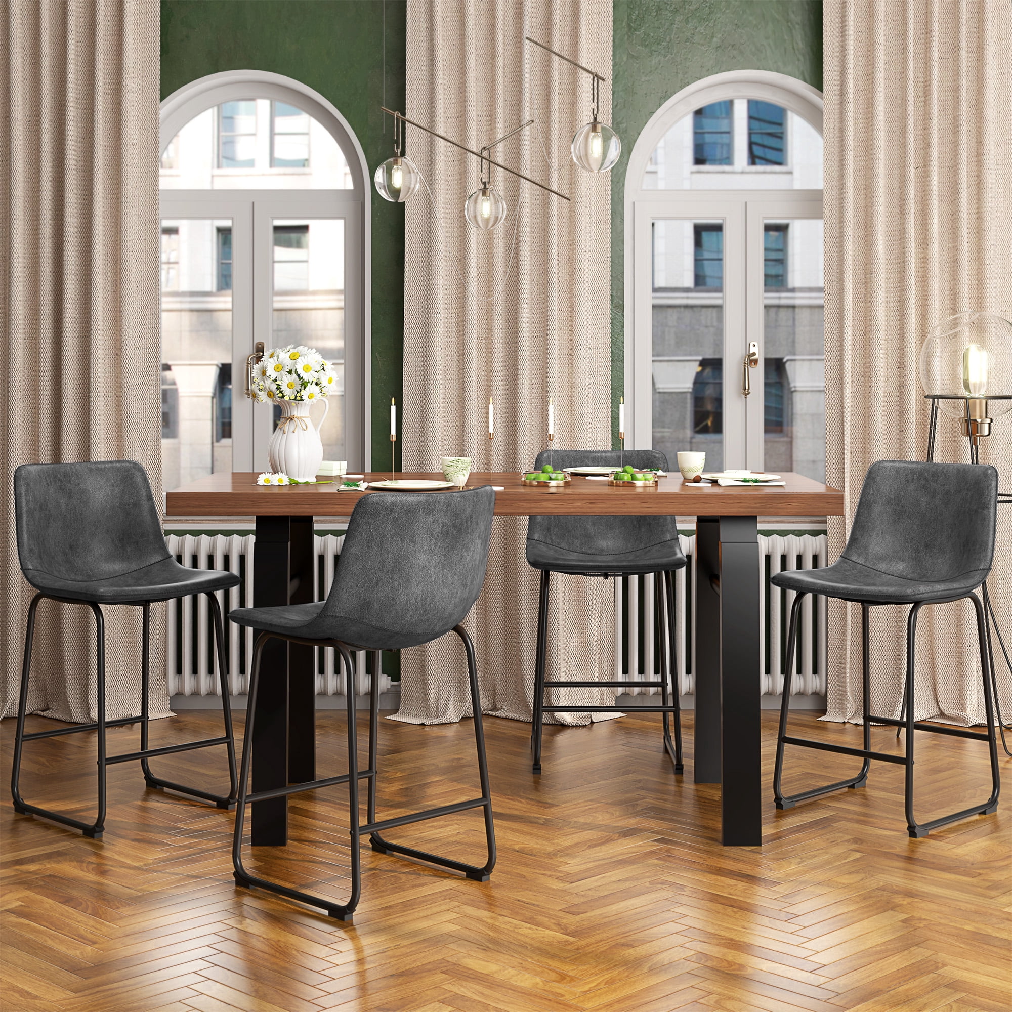 LainTene 26" PU Leather Bar Stools Set of 2 – Modern Counter Height Stools with Back, Footrest & Sturdy Metal Legs for Kitchen, Bar, Living Room, Gray