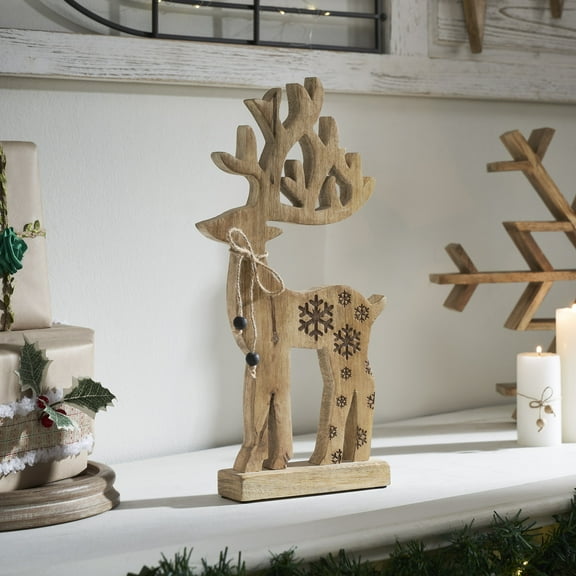 VHC Brands Natural Wooden Snowflake Reindeer 11x6x2
