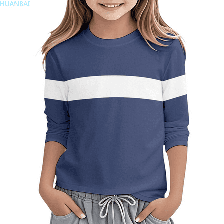 HUANBAI Girls Long Sleeve Color Block Round Neck Tee Soft Comfortable Casual Top For Toddler And Kids Stylish Everyday Wear Girls Summer Tops 13-14 Years