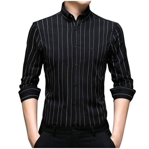 Blusa de camisa sin planchar con arrugas de fibra de bambú de manga larga a rayas informales para hombre Pompotops oipoqjl26953