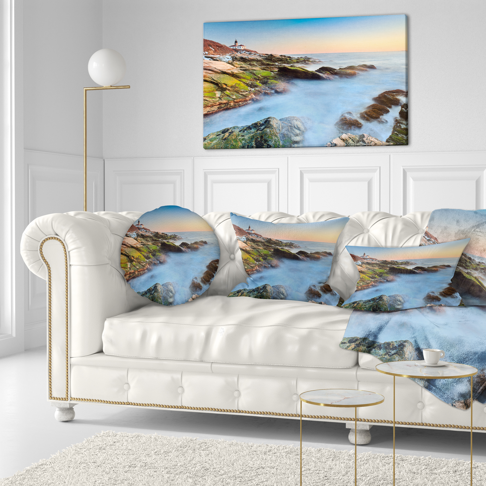 Designart Beavertail Lighthouse During Winter - Beach Photo Throw Pillow - 12x20