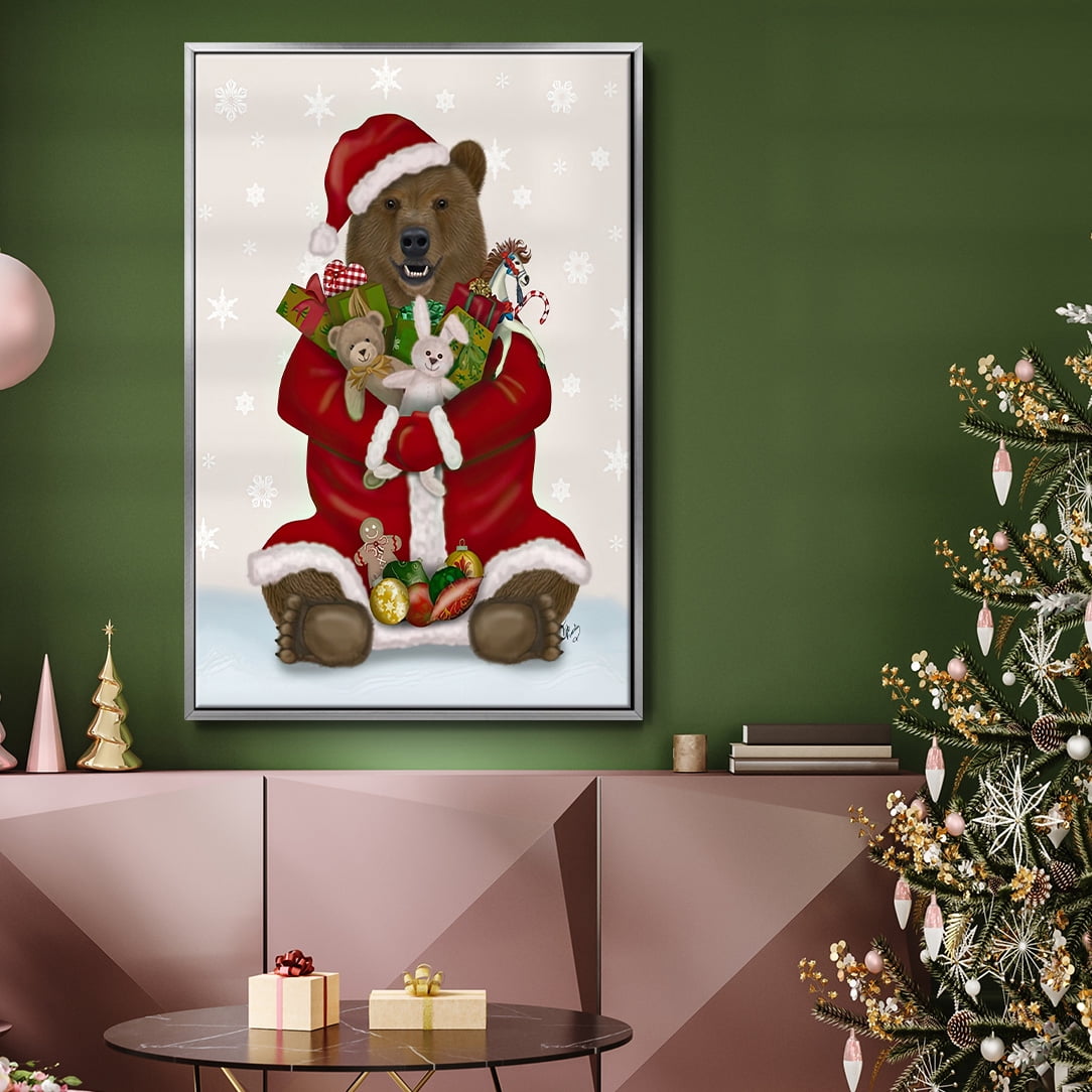 Christmas Christmas Present Bear Hug - Framed Gallery Wrapped Holiday Canvas - 25 x 37 - Silver Frame