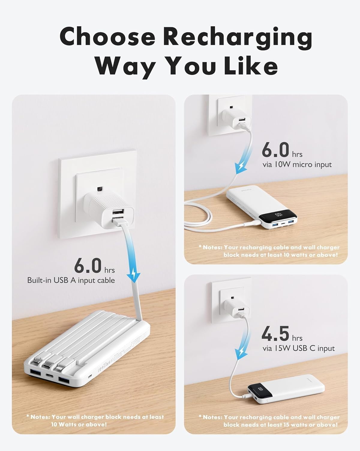 Portable Charger with Built in Cables, Power Bank with Cords Wires, Slim 10000mAh Travel Battery Pack 6 Outputs 3 Inputs 3A Fast Charging for Samsung Google Pixel LG Moto iPhone iPad